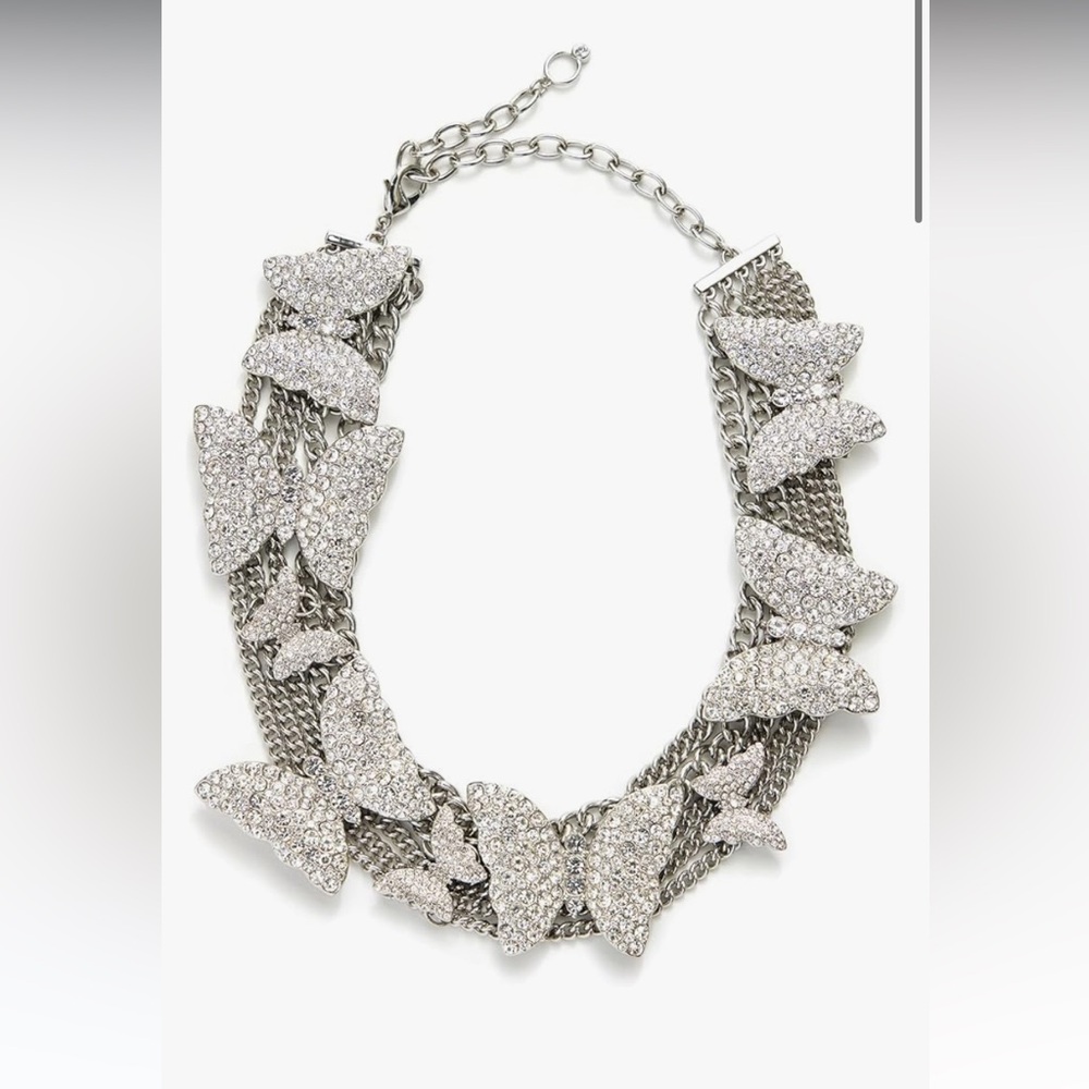 NWT Kleinfeld Womens SILVER Crystal Pave Butterfly Statement Necklace Multi Tier